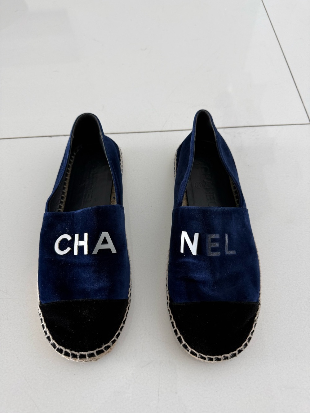 CHANEL Navy Velvet Espadrilles with Black Toe Cap and White Lettering